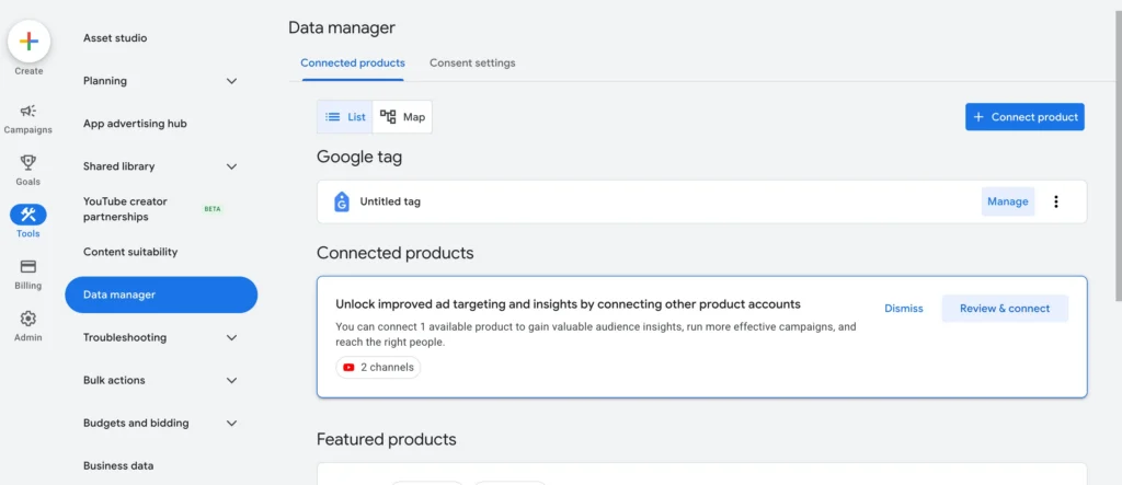 Google Ads Data Manager showing the Google tag and Manage button