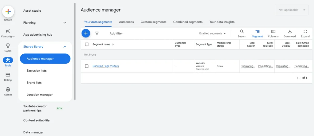 Google Ads Audience Manager showing a donation page visitor segment