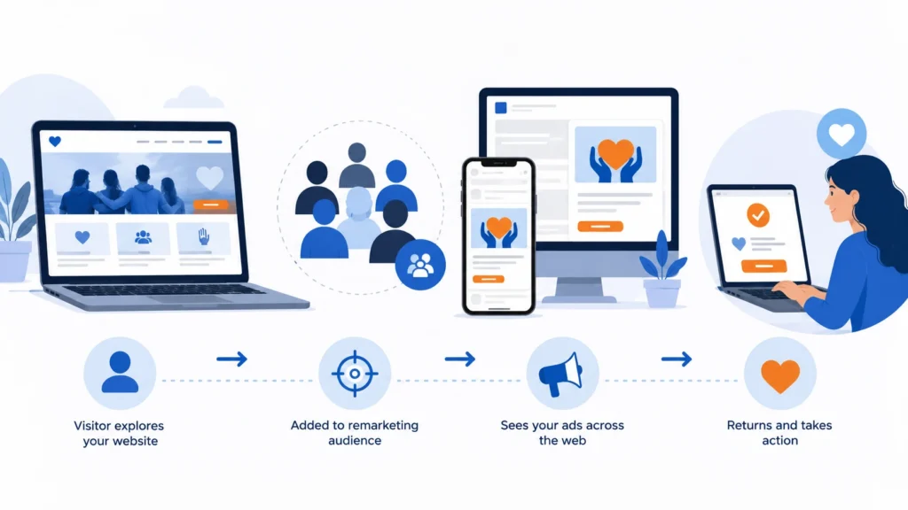 Illustration showing how a nonprofit remarketing campaign brings website visitors back to take action