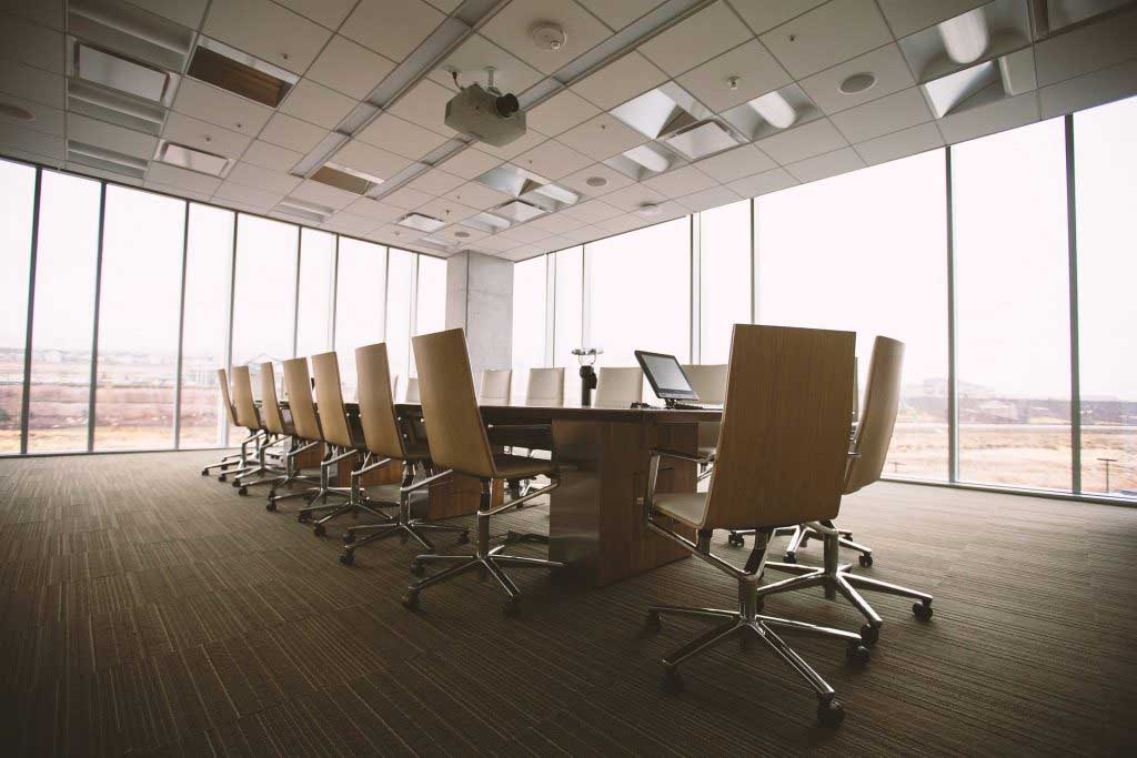 Nonprofit board room set for a members meeting